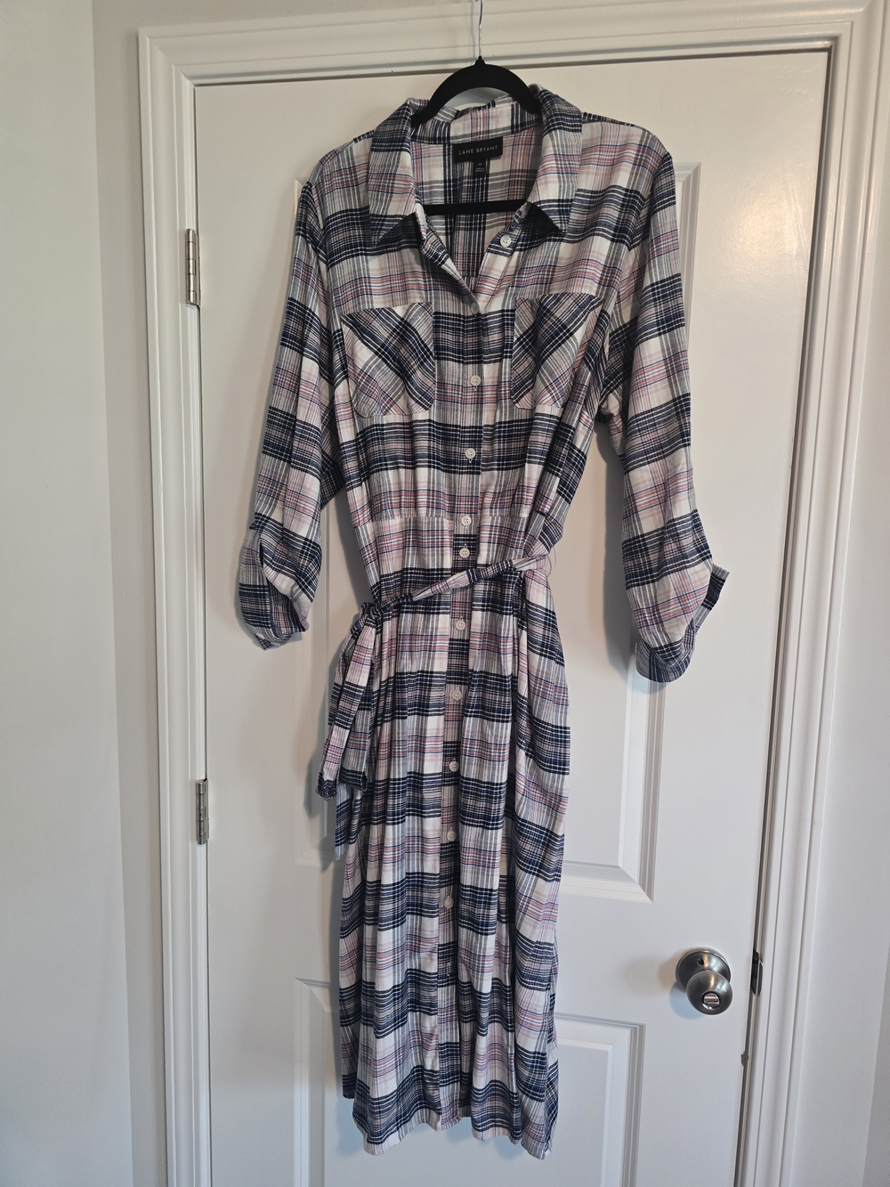 Lane Bryant Navy and Pink Plaid Shirt Dress